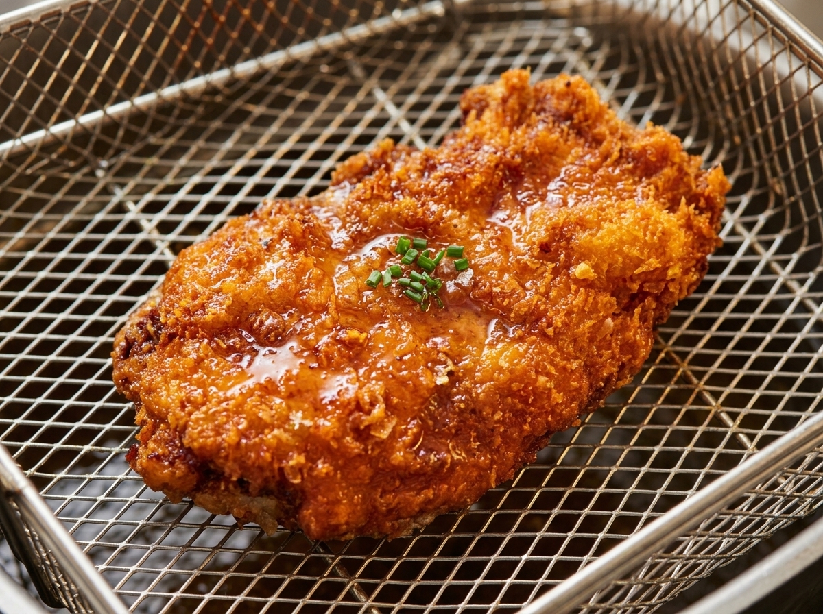 Galette de poulet frit croustillante et dorée retirée de la friteuse.