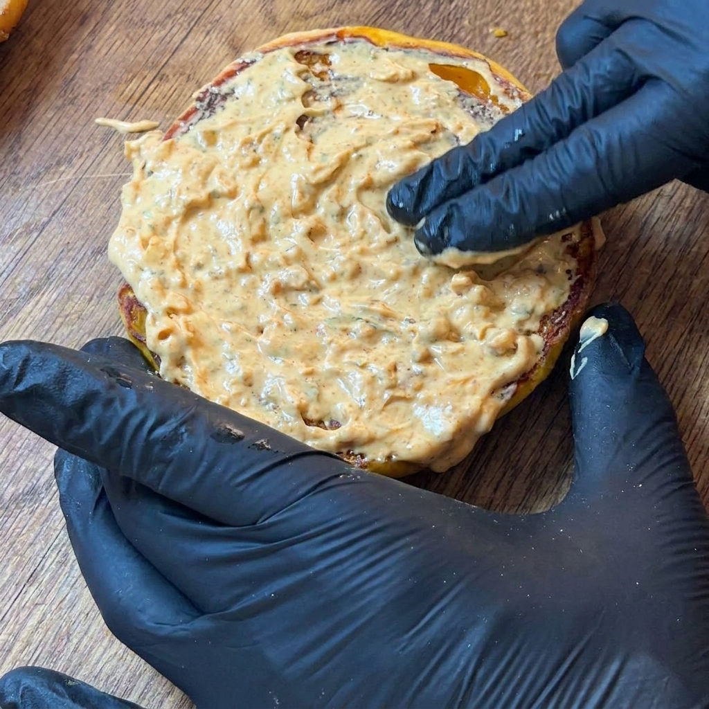 Une main gantée de noir étalant une sauce épaisse et crémeuse uniformément sur un pain à burger toasté.