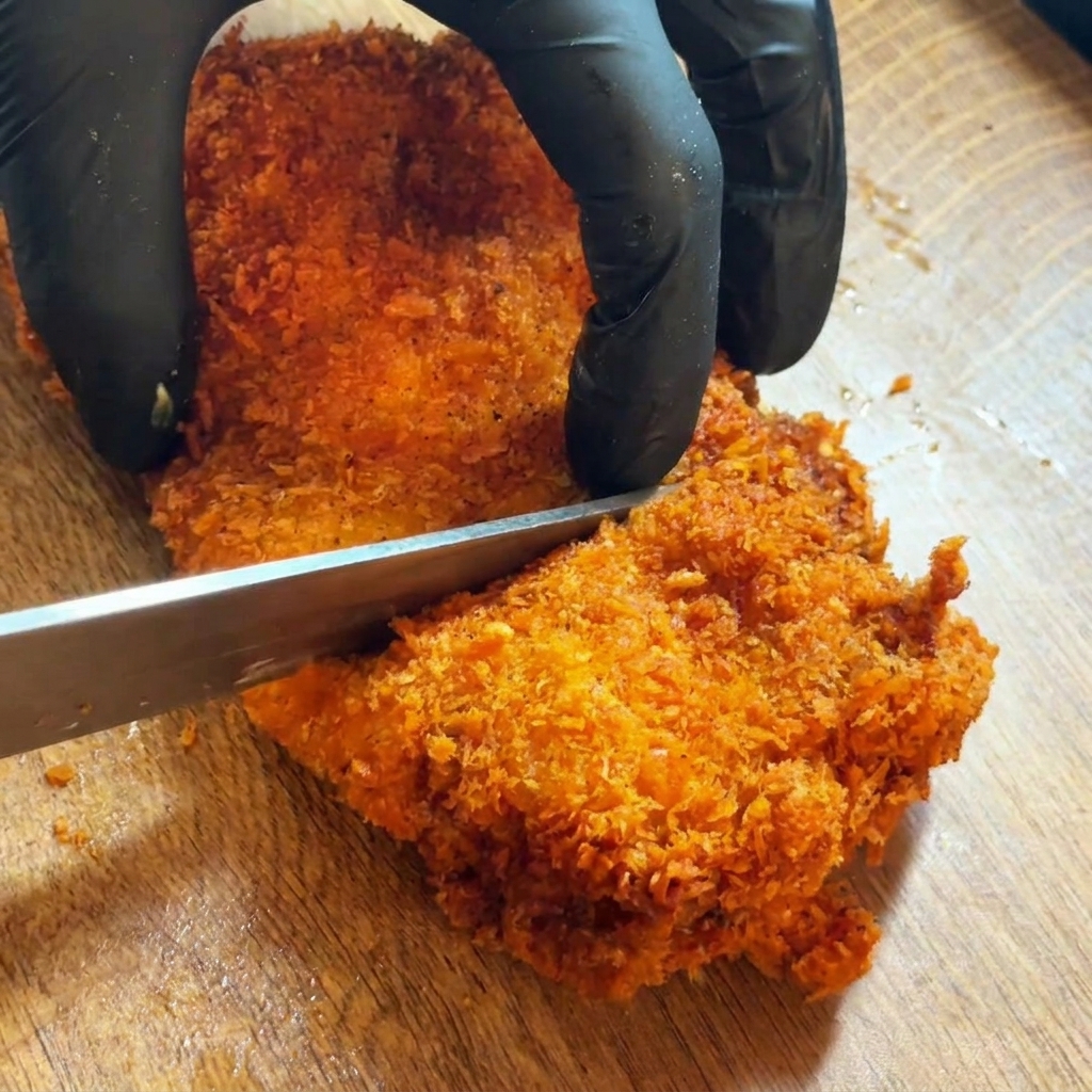 Une main gantée de noir utilisant un couteau pour couper en deux un gros blanc de poulet frit croustillant sur une planche à découper en bois.