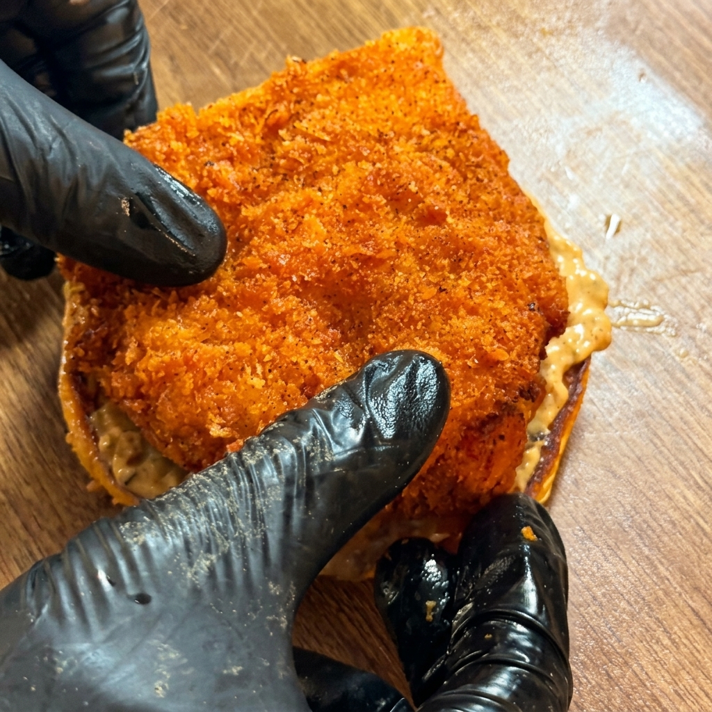 Mains gantées de noir plaçant une galette de poulet frit épaisse et croustillante sur un pain à burger recouvert de sauce.