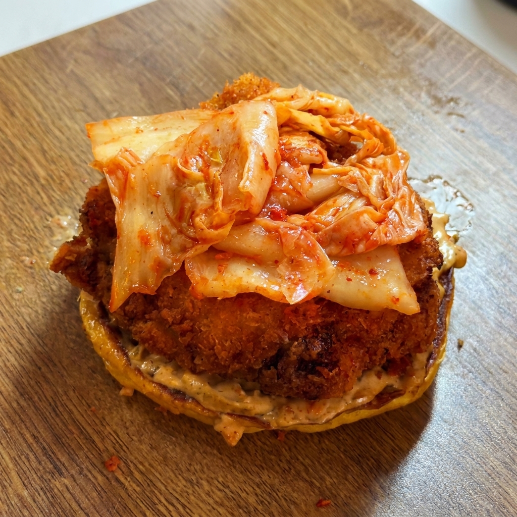 Une galette de poulet frit croustillante empilée sur une couche de kimchi.