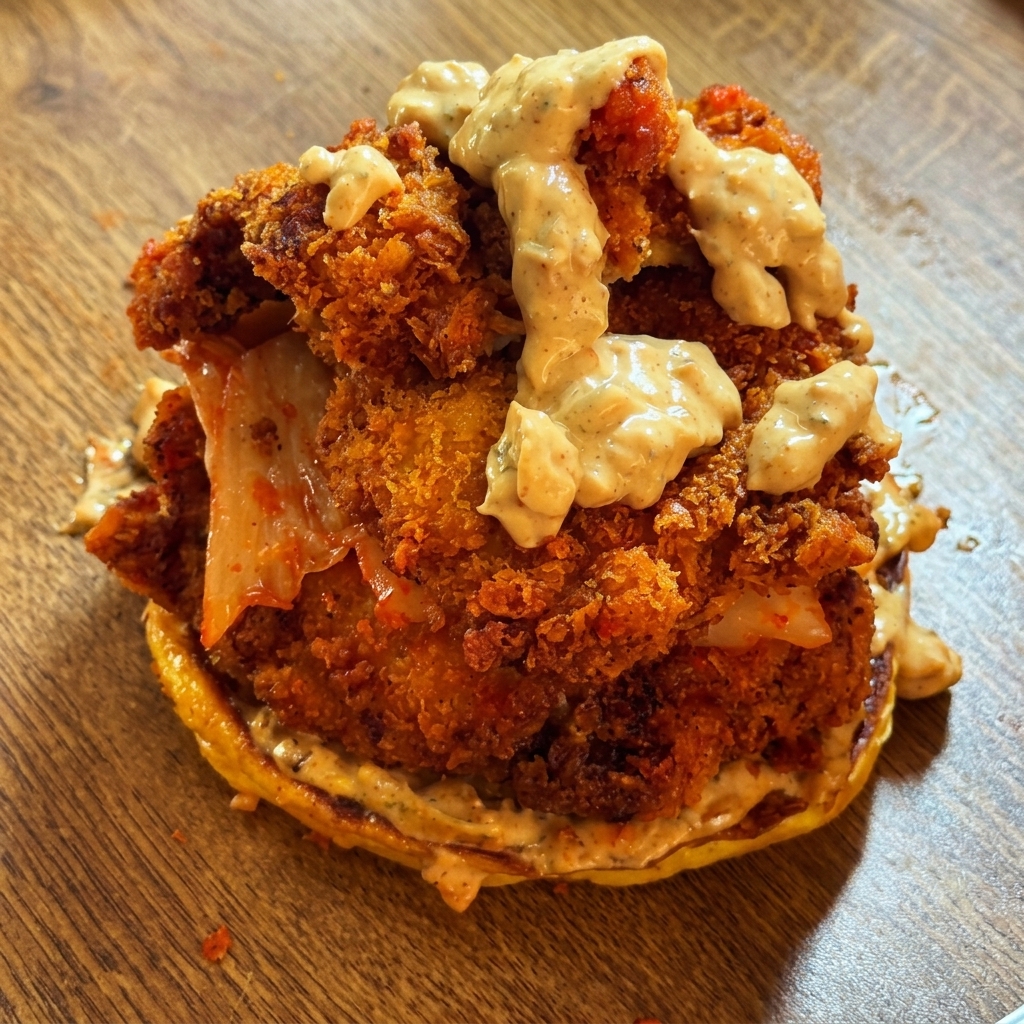 Sauce crémeuse arrosée sur les morceaux de poulet frit empilés.