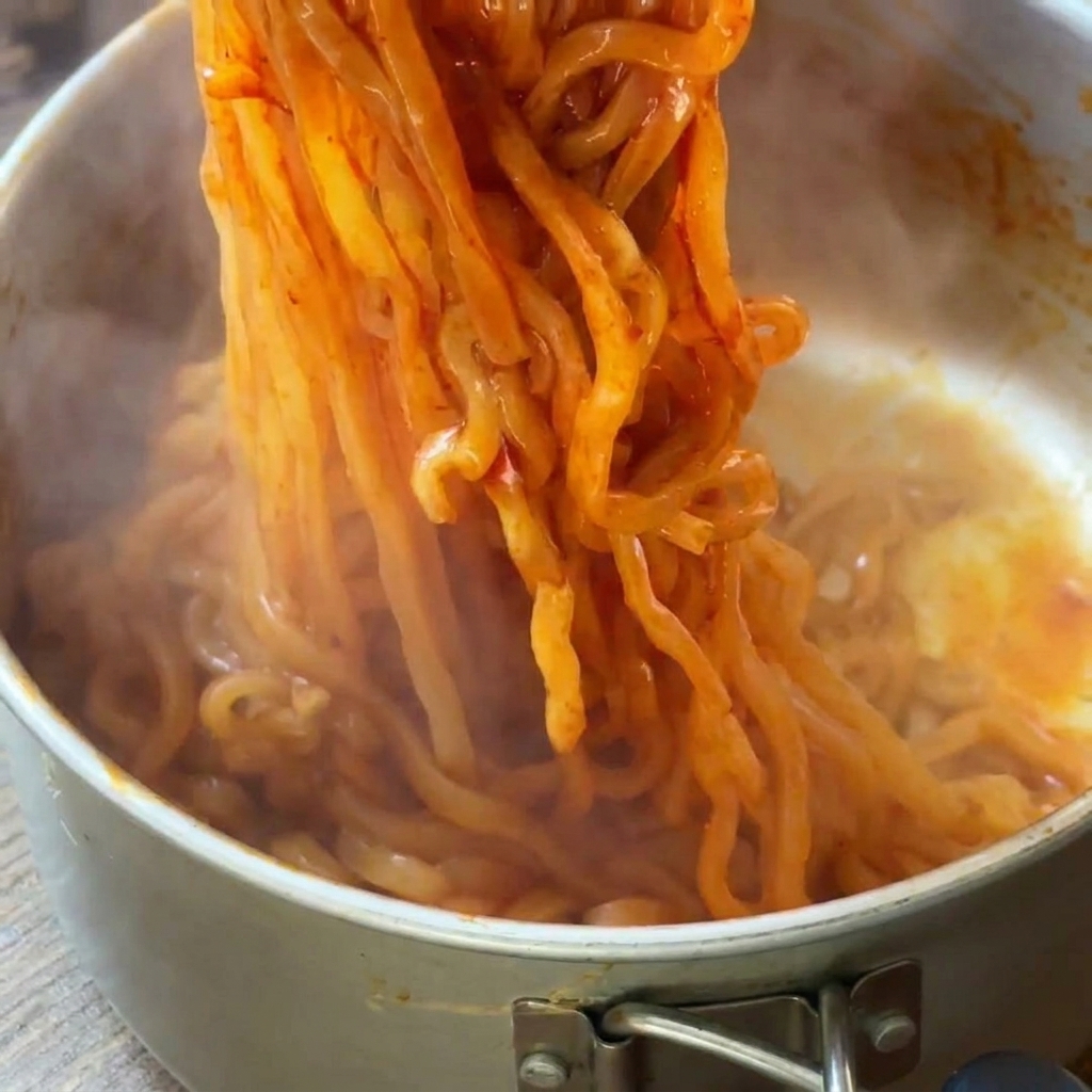 Nouilles épicées rouges, longues et brillantes, soulevées dune casserole avec des baguettes.