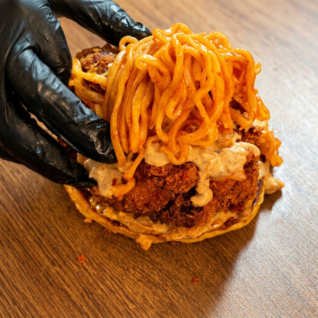 Une énorme pile de nouilles rouges brillantes placée sur le burger au poulet frit assemblé.