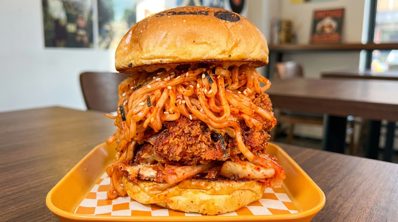 Burger de Poulet Frit aux Nouilles Épicées
