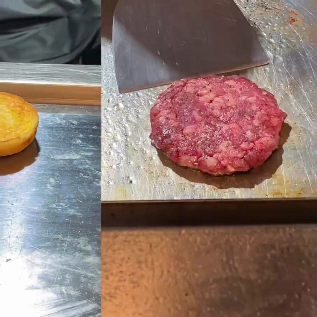 Vue divisée montrant un pain grillé sur une plancha à gauche, et un steak de bœuf écrasé avec une spatule en métal à droite.