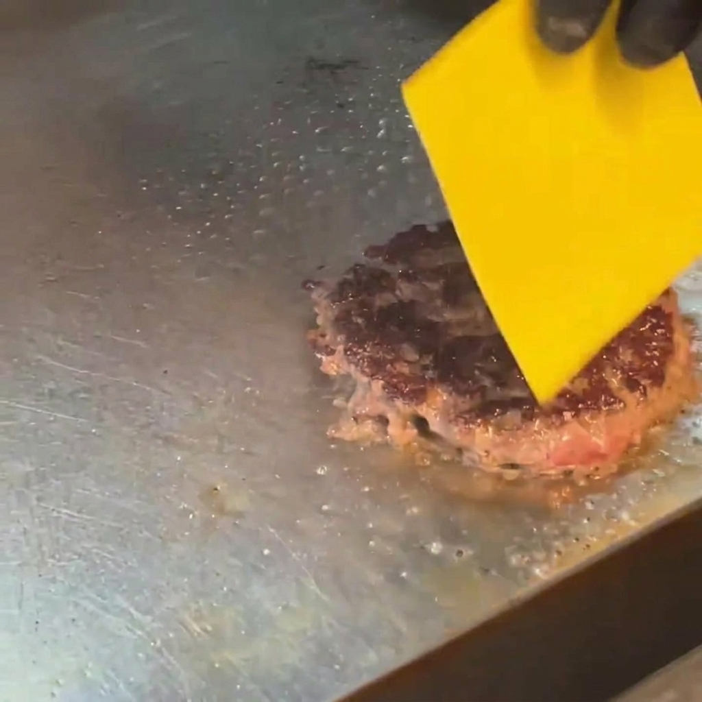 Une tranche de fromage jaune fondant sur un steak de bœuf saisi à laide dun chalumeau de cuisine.