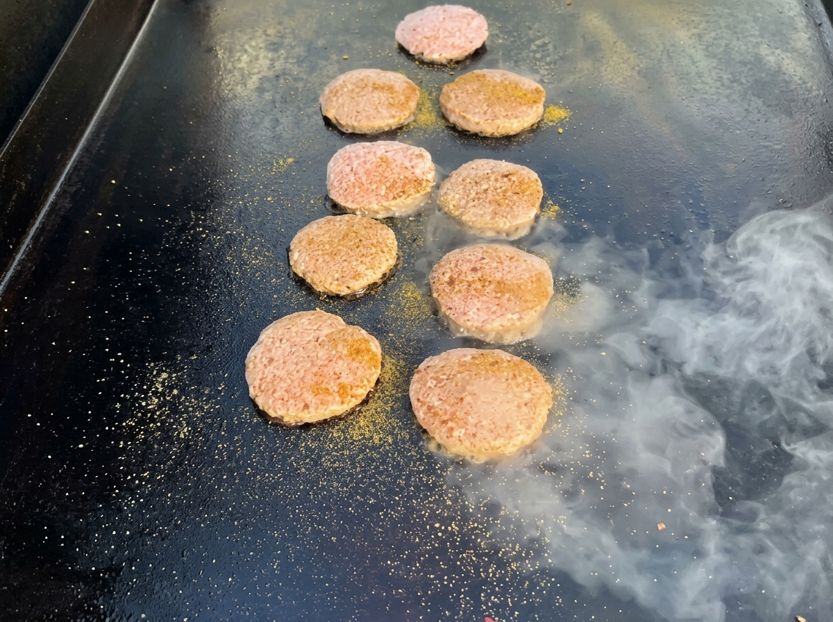 Patties de dinde grillant sur une plaque chaude, montrant une croûte dorée.