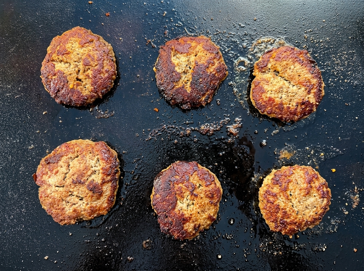 Pains à slider toastés sur la plancha à côté des patties de dinde.