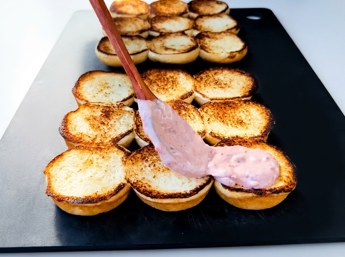 Sauce rose étalée sur les petits pains toastés avec une cuillère en bois.