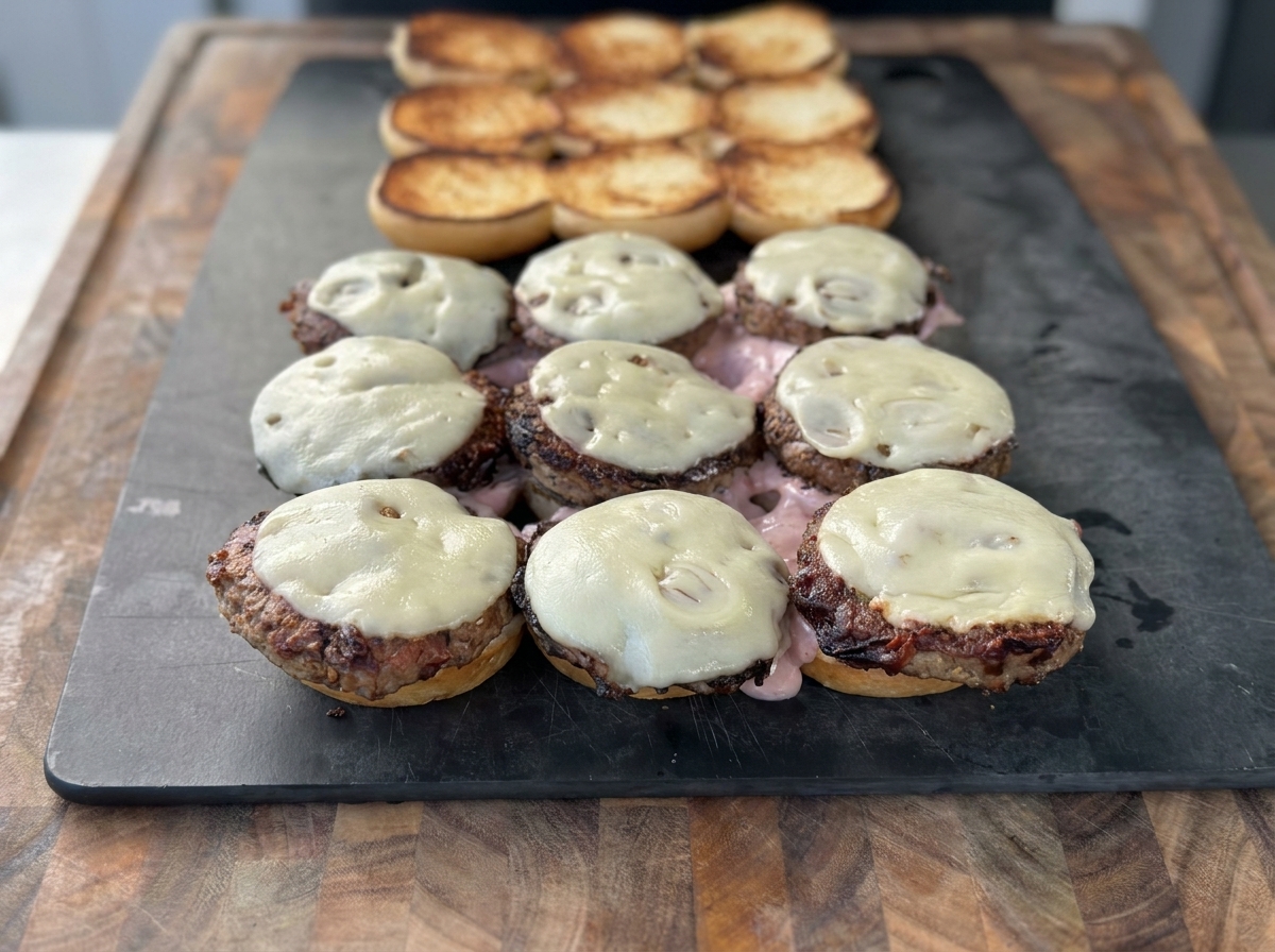 Oignons frits croustillants ajoutés sur les patties au fromage.