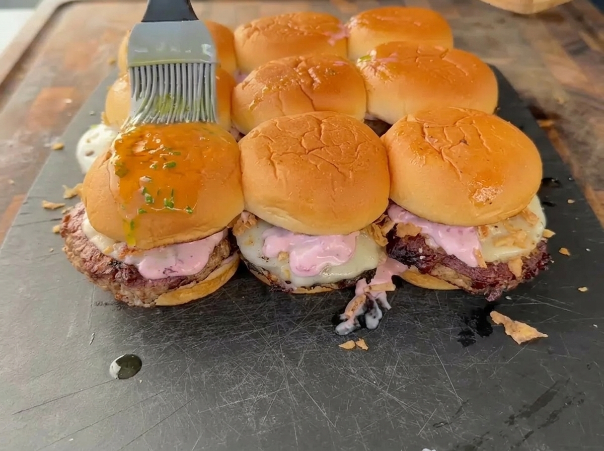 Glaçage savoureux badigeonné sur le dessus des sliders, agrémenté dherbes vertes.