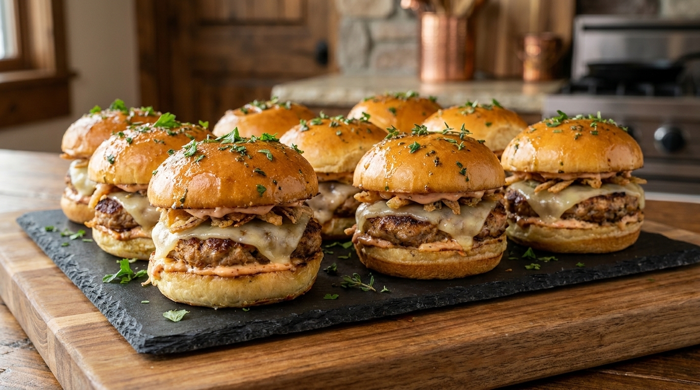 Un plateau de mini-burgers de dinde garnis dherbes fraîches, de fromage fondu et de sauce onctueuse.