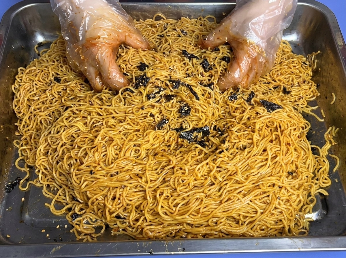 Des mains gantées mélangeant soigneusement les nouilles pour les enrober de sauce.