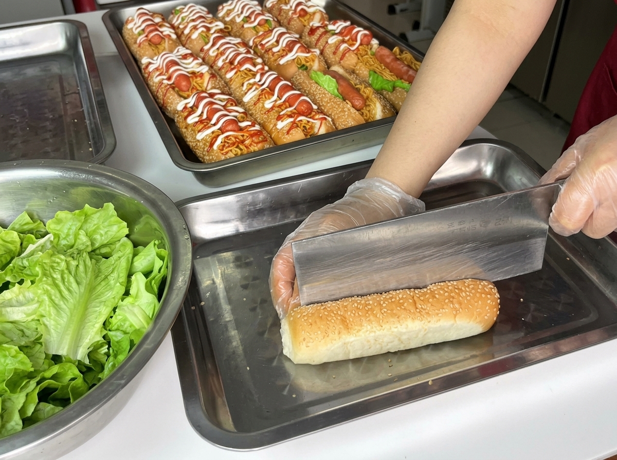 Un couteau tranchant le dessus dun pain à hot-dog brioché.
