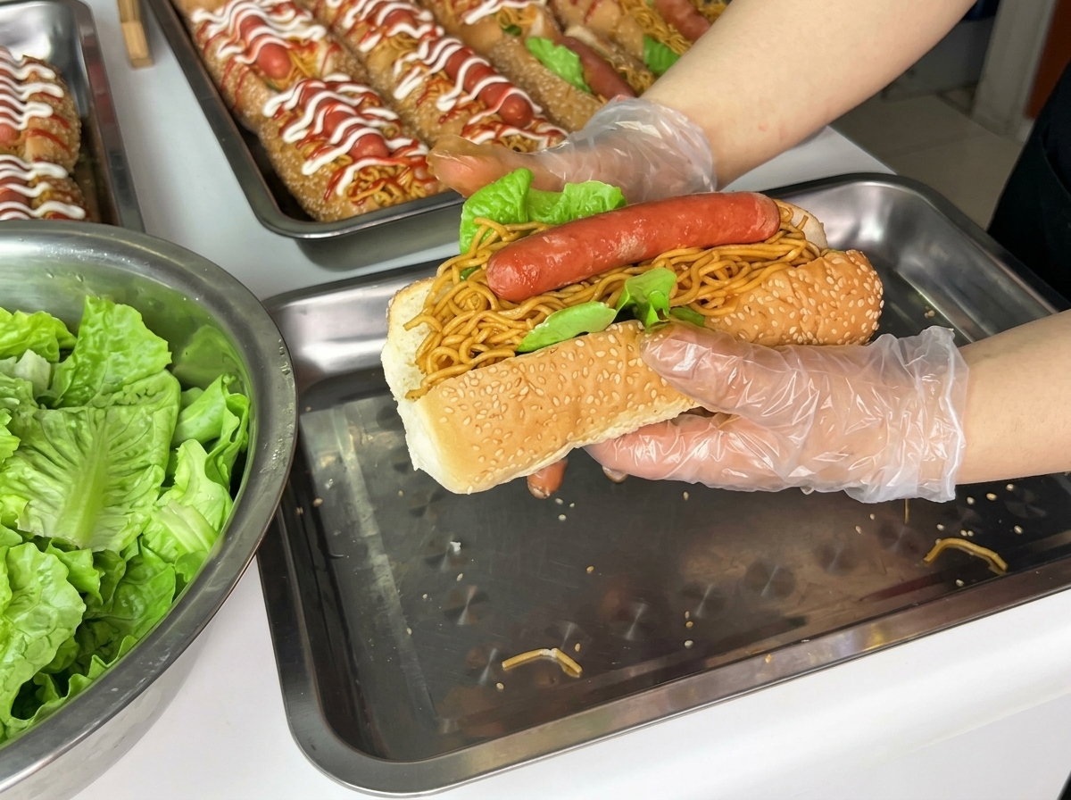 Mayonnaise et ketchup versés en traits décoratifs sur le hot-dog fini.
