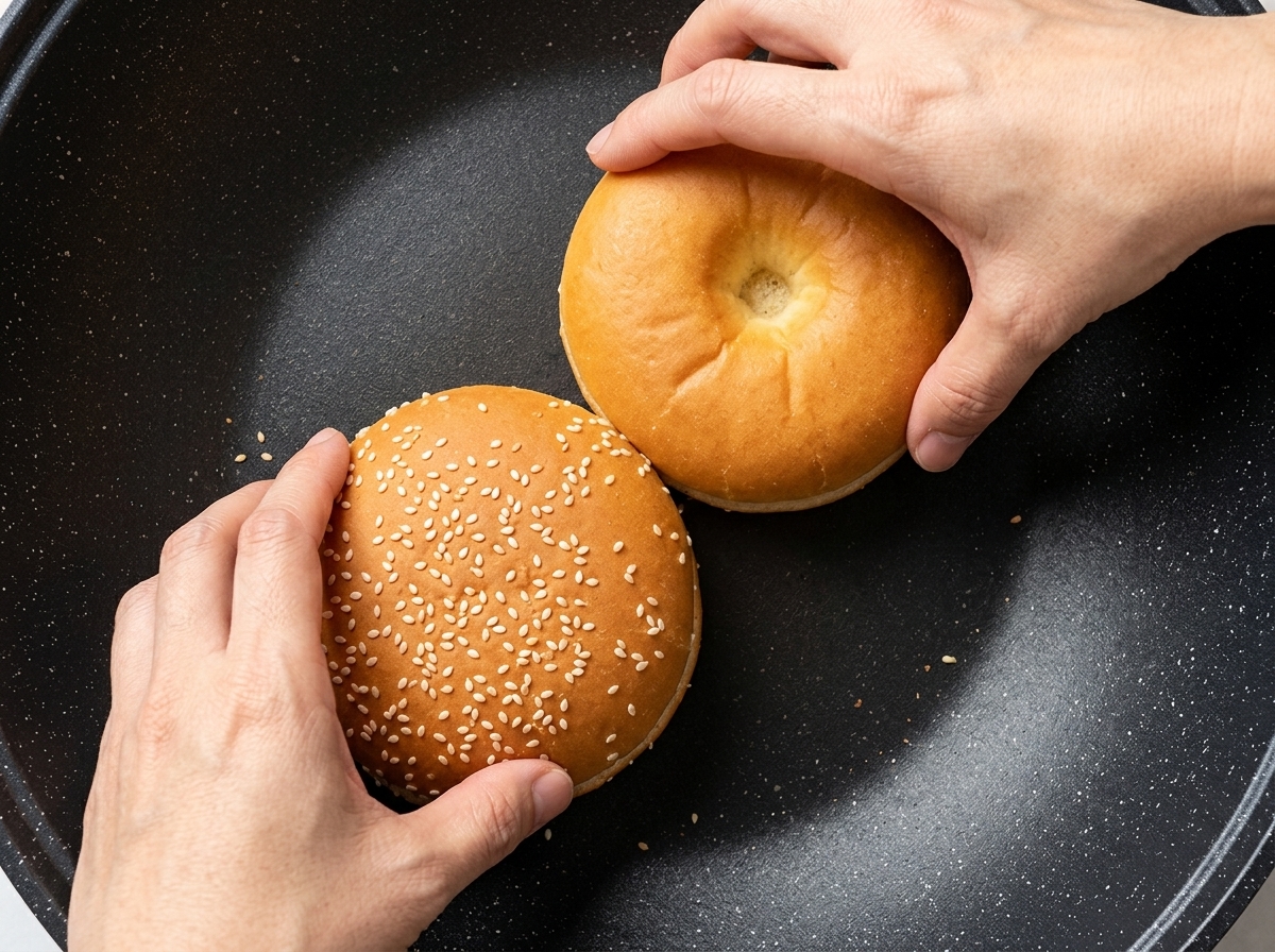 Deux moitiés de pain aux graines de sésame dorant dans une poêle chaude.