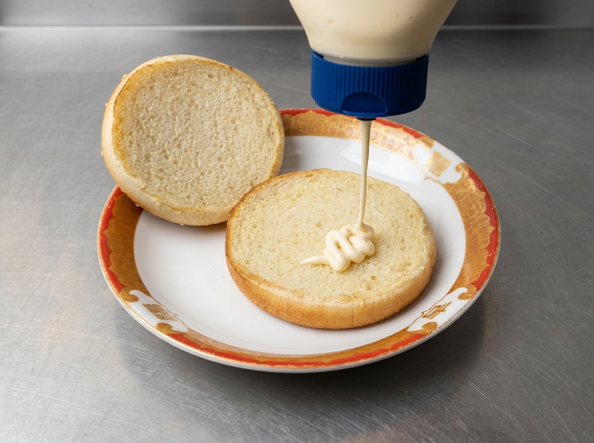 Base du pain avec mayonnaise et un œuf au plat par-dessus.