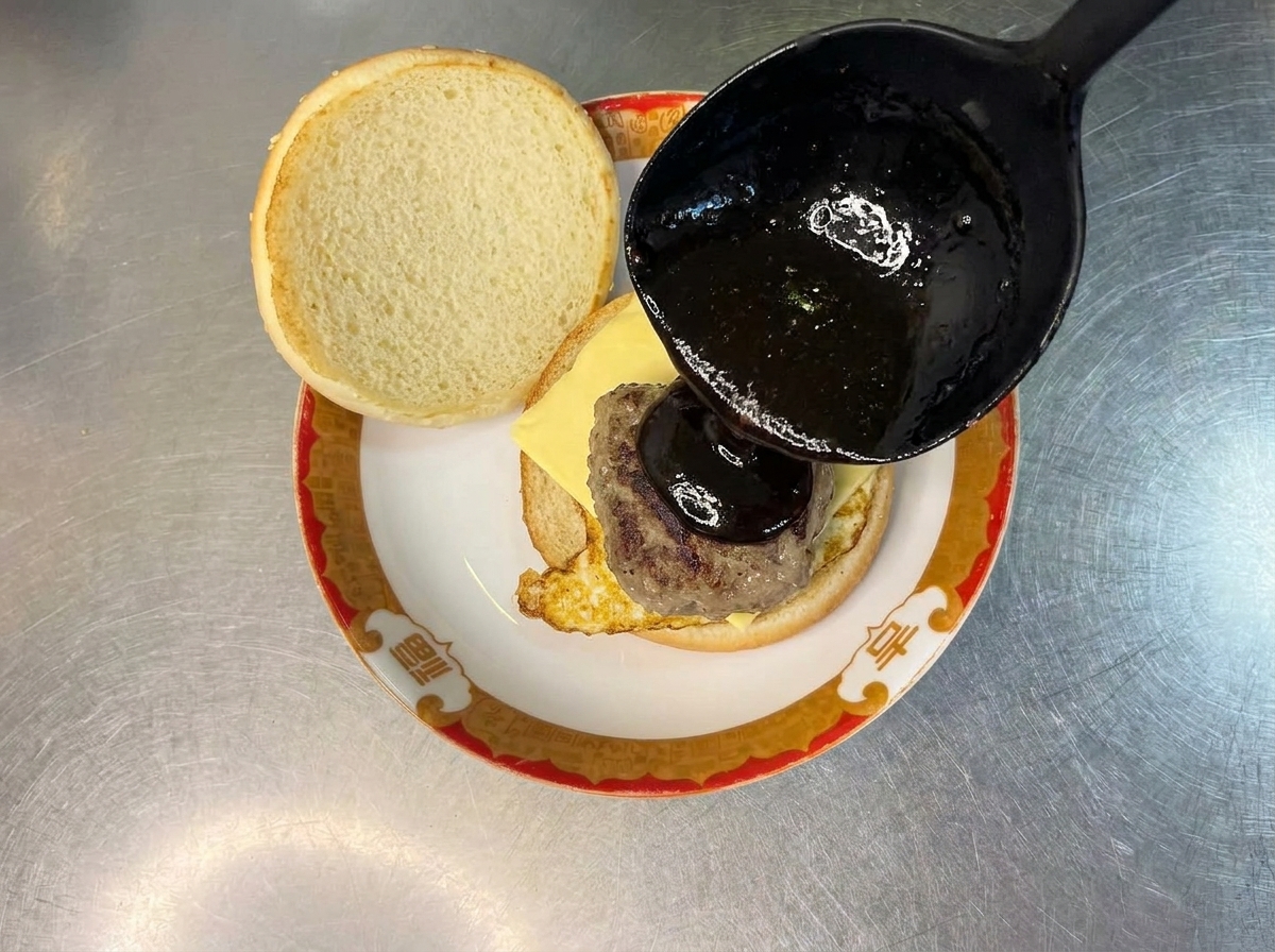 Un steak surmonté de ketchup sur le burger au fromage.
