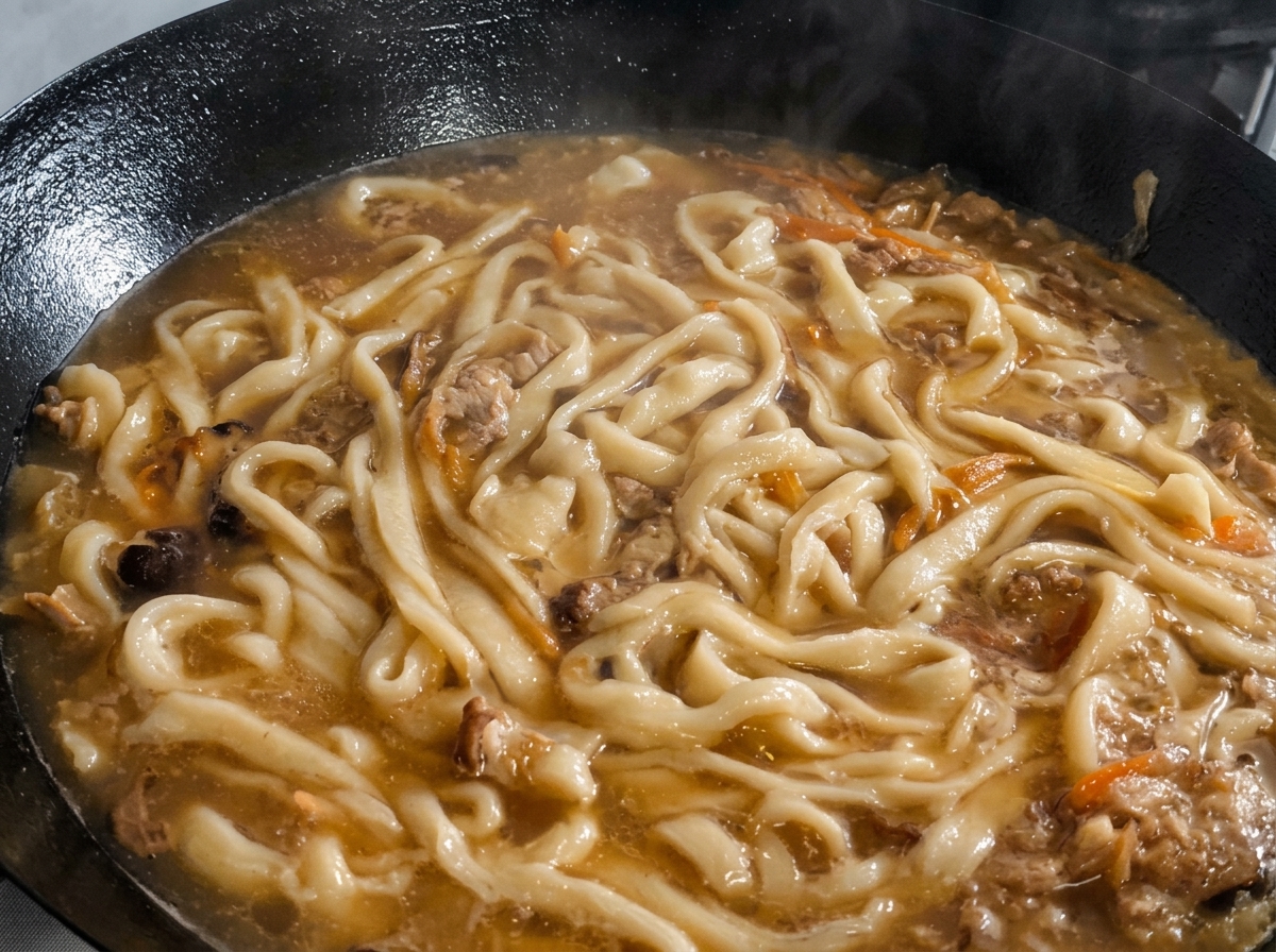 Feuilles de pérille hachées saupoudrées sur les nouilles et la soupe mijotant dans un wok.