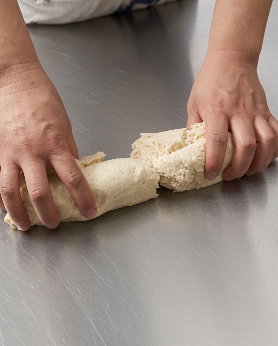 Pâte étirée et pétrie sur une table en acier inoxydable.