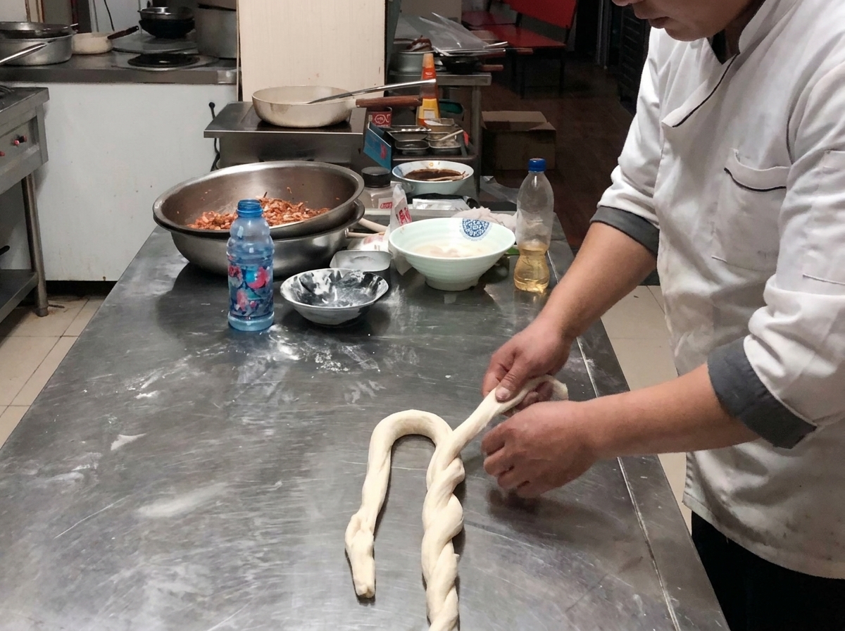 Mains repliant une épaisseur de pâte sur elle-même sur une surface farinée.