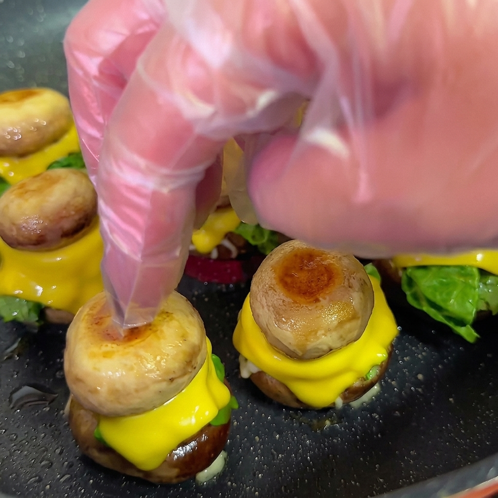 Une main utilisant un cure-dent pour maintenir un mini burger aux champignons assemblé.