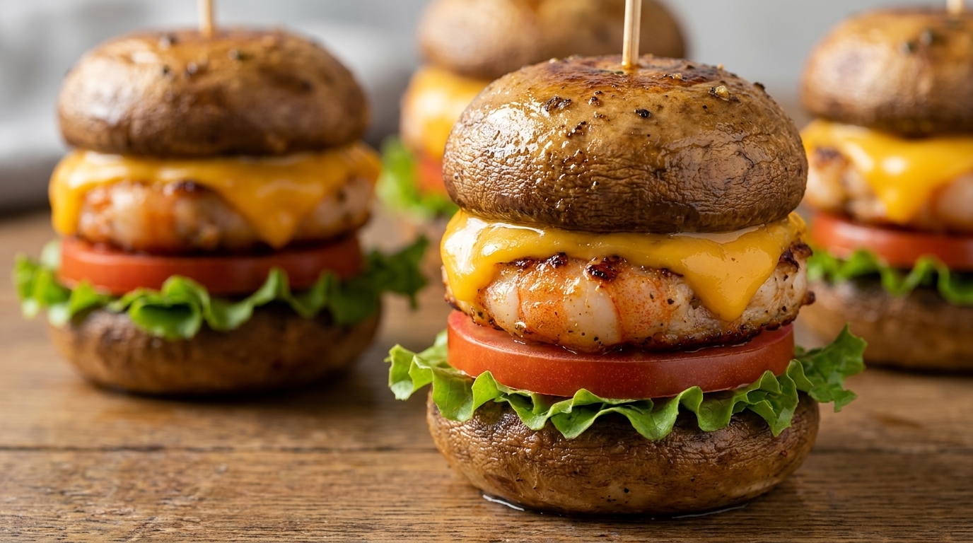 Un mini slider gourmand au champignon, garni dune farce aux crevettes juteuse, de cheddar fondu, de laitue fraîche et de tomate.