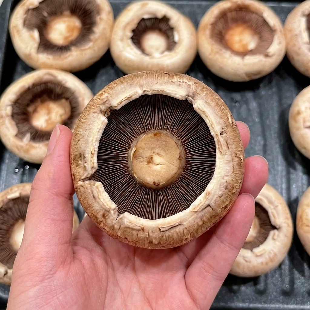 Une main utilisant une poche à douille pour remplir les cavités des champignons avec une pâte de crevettes rose.