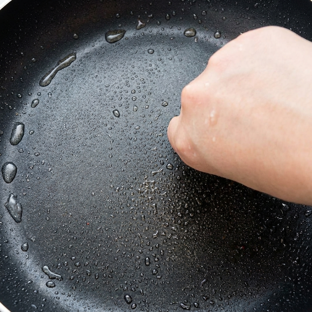 Champignons farcis cuisant côté crevette dans la poêle, développant une croûte dorée.