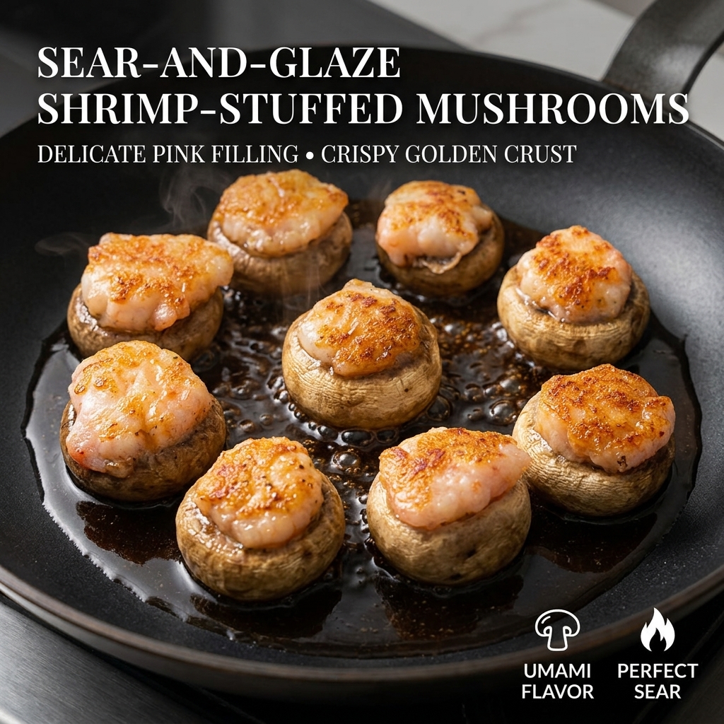Poêle contenant des champignons farcis dorés sur lesquels on verse une sauce savoureuse.