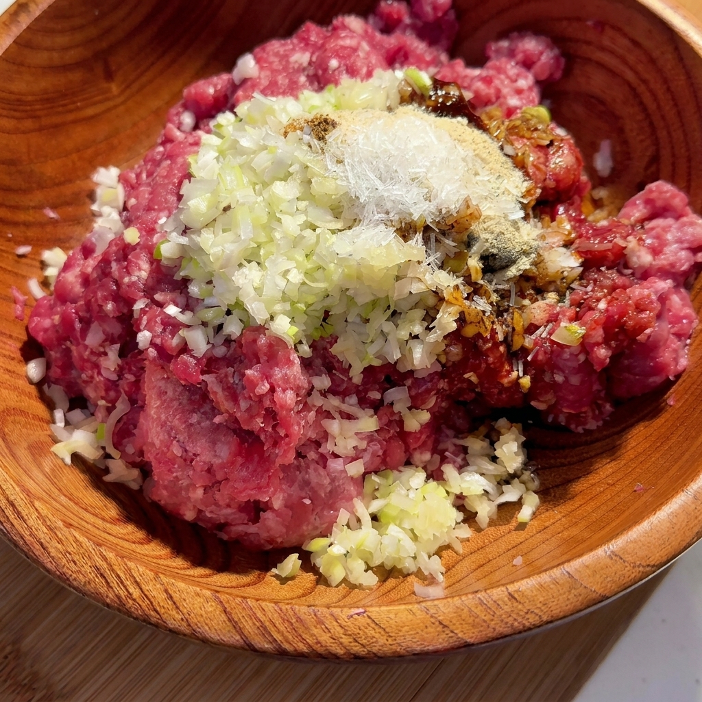 Bœuf haché dans un bol en bois mélangé à diverses épices et aromates.