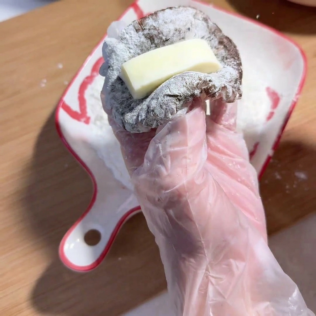 Main gantée insérant un morceau de fromage dans la farce au bœuf du champignon.