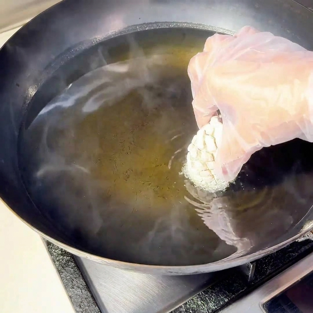 Main gantée plongeant le champignon dans un wok dhuile bien chaude.