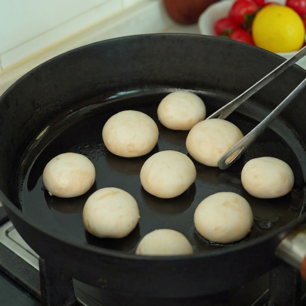 Chapeaux de champignons entiers sautés dans une poêle noire et retournés avec des pinces en métal.