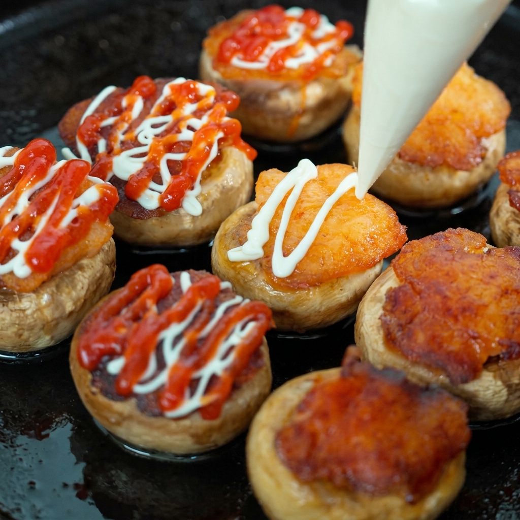 Filets de mayonnaise et ketchup sur des champignons farcis aux crevettes sautés.