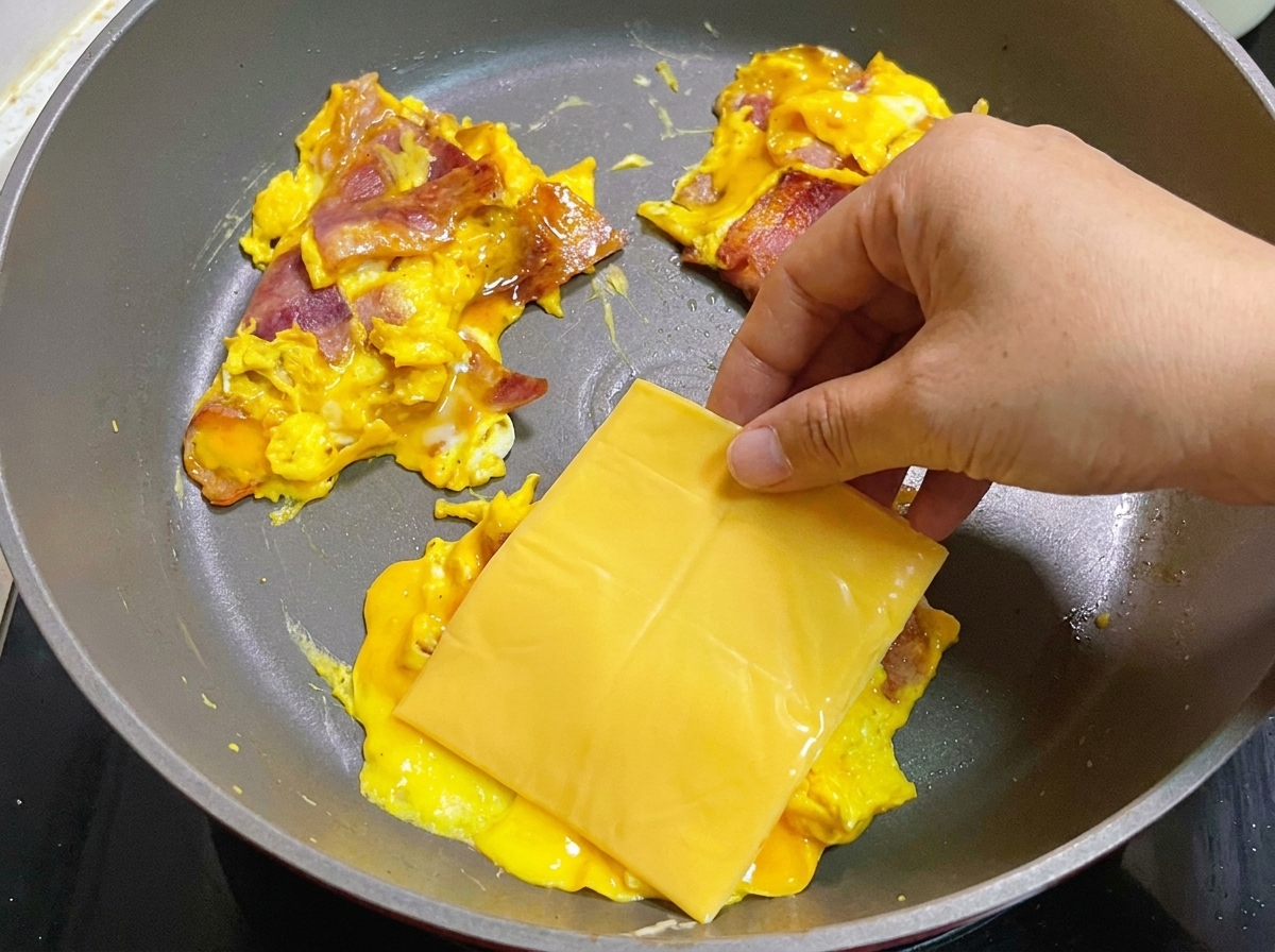 Une tranche de fromage jaune délicatement posée sur lomelette bacon-œuf dans la poêle.