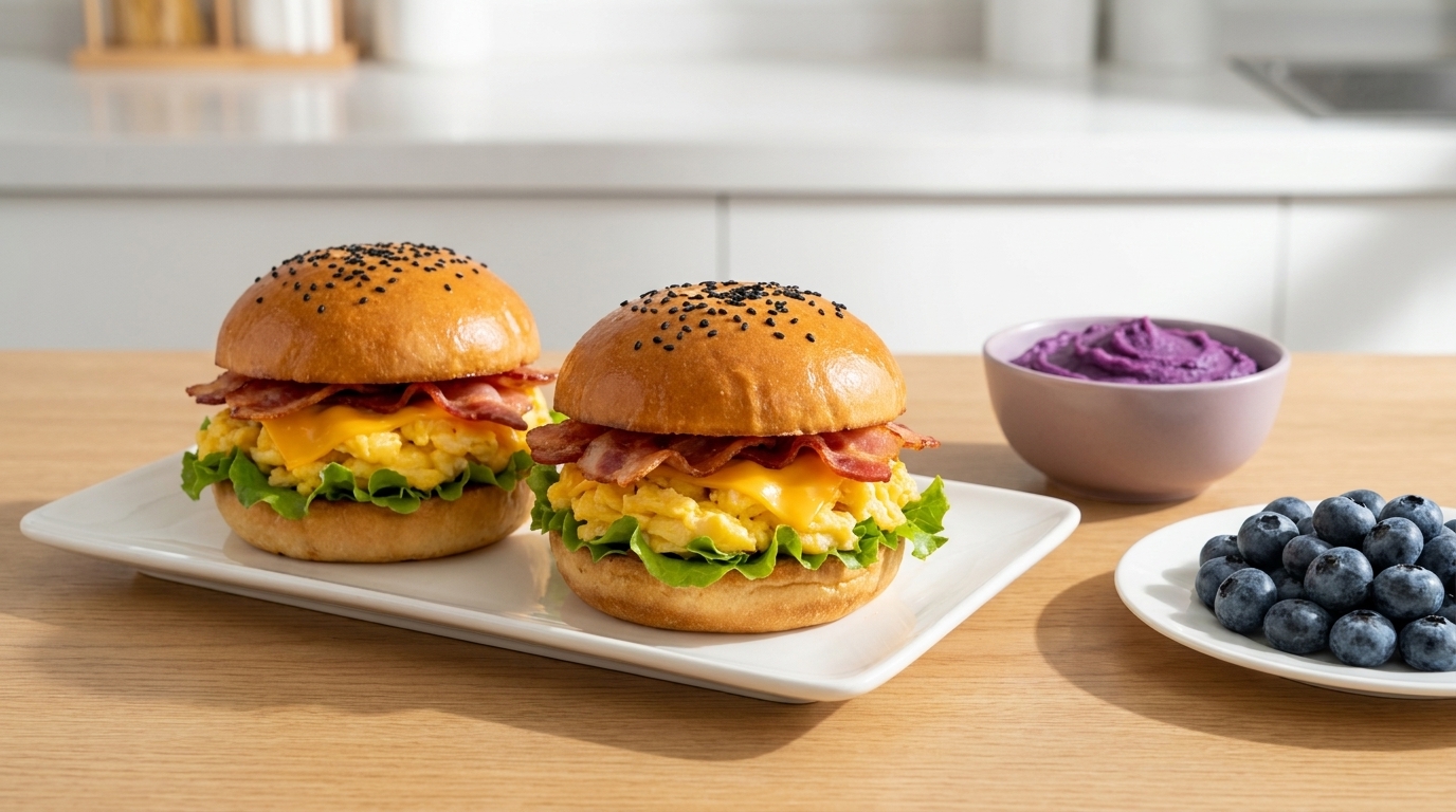 Burger déjeuner rapide au bacon et œufs brouillés
