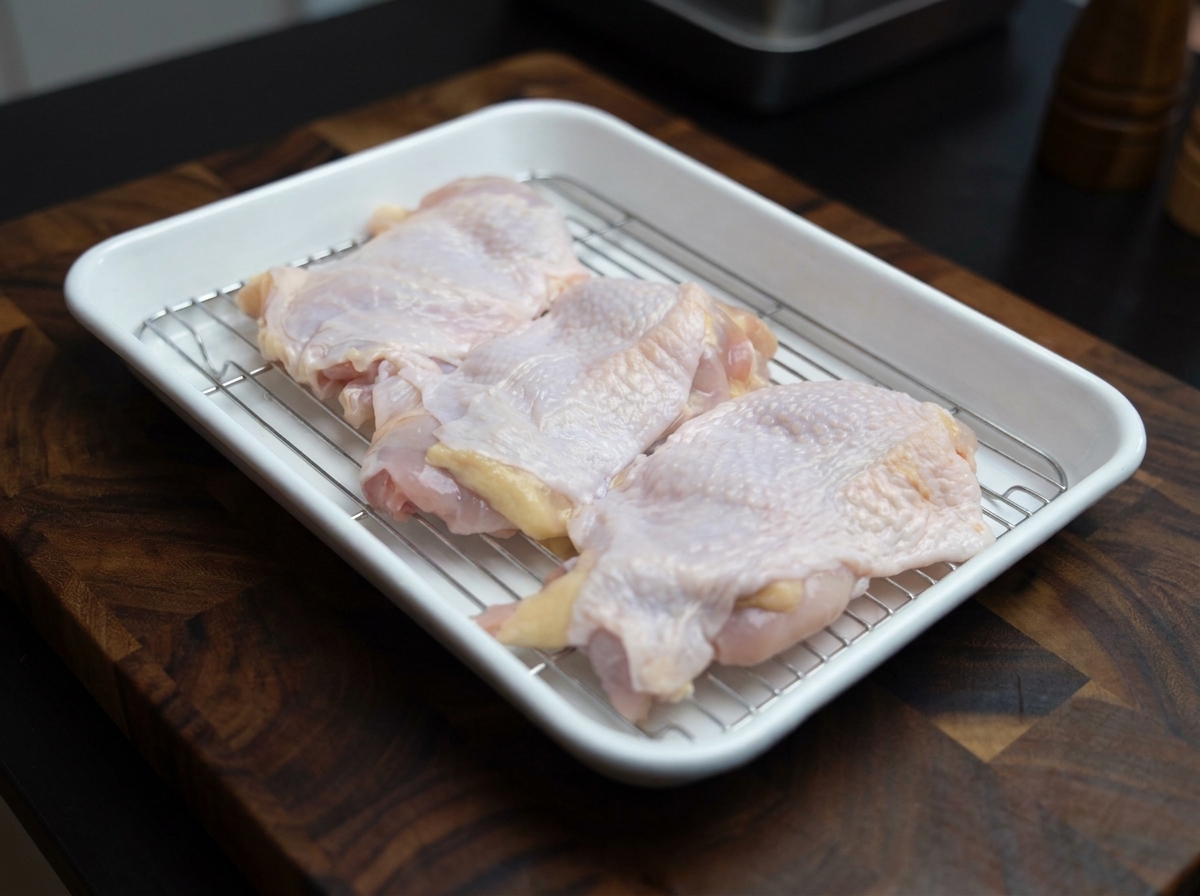Hauts de cuisses de poulet désossés et posés à plat sur un plateau en métal.
