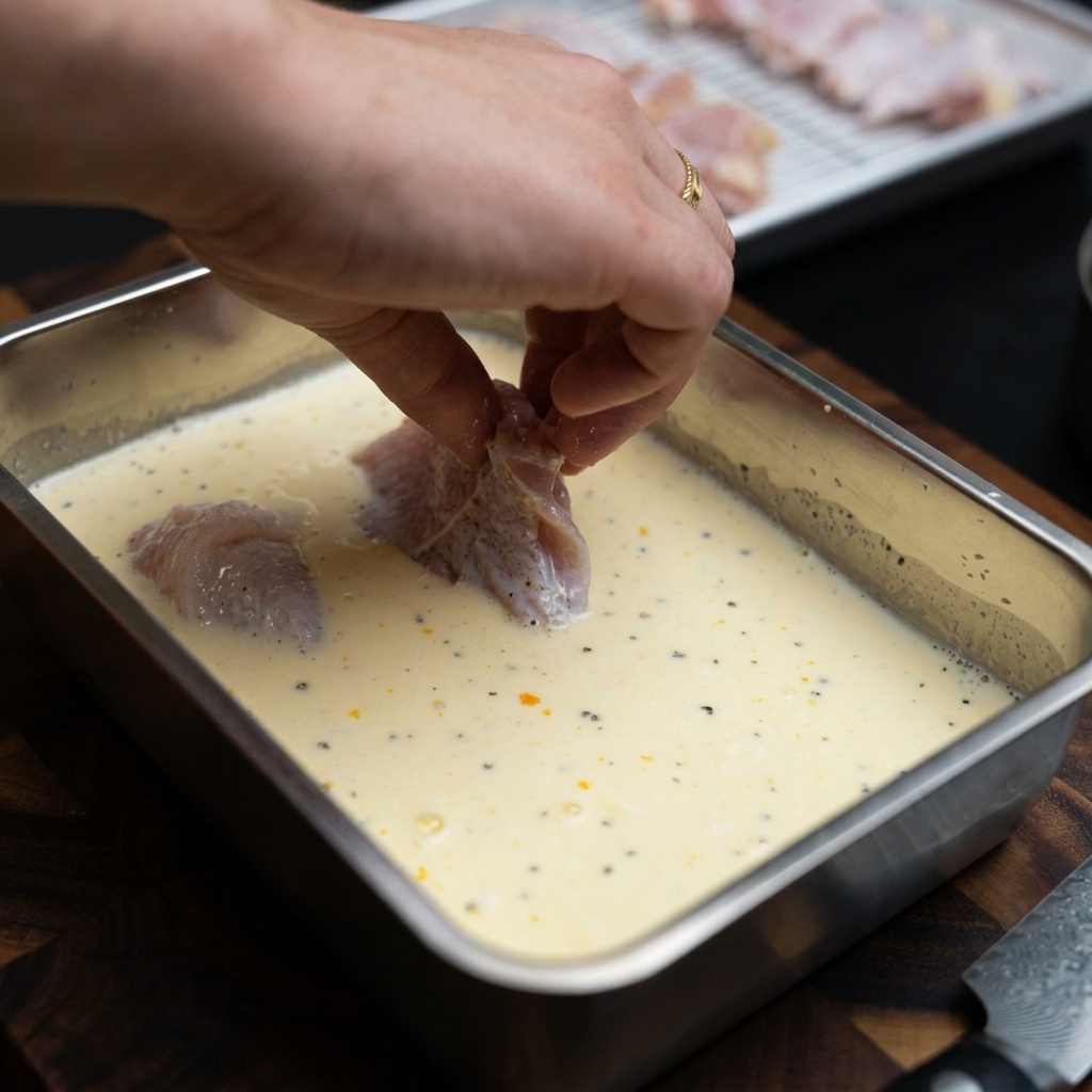 Morceaux de cuisses de poulet trempant dans la marinade au lait et aux œufs dans un récipient en métal.