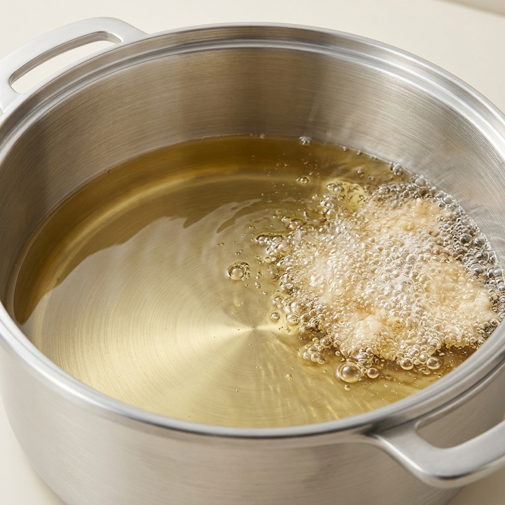 Morceaux de poulet en train de frire dans une marmite dhuile chaude, montrant des bulles et un brunissement.
