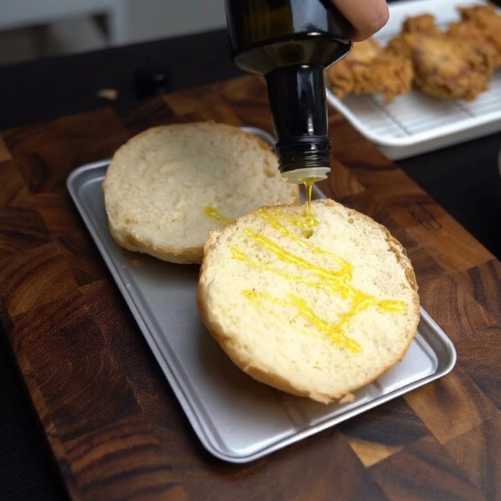 Moitiés de pain à hamburger sur un plateau en métal arrosées dhuile dolive extra vierge.