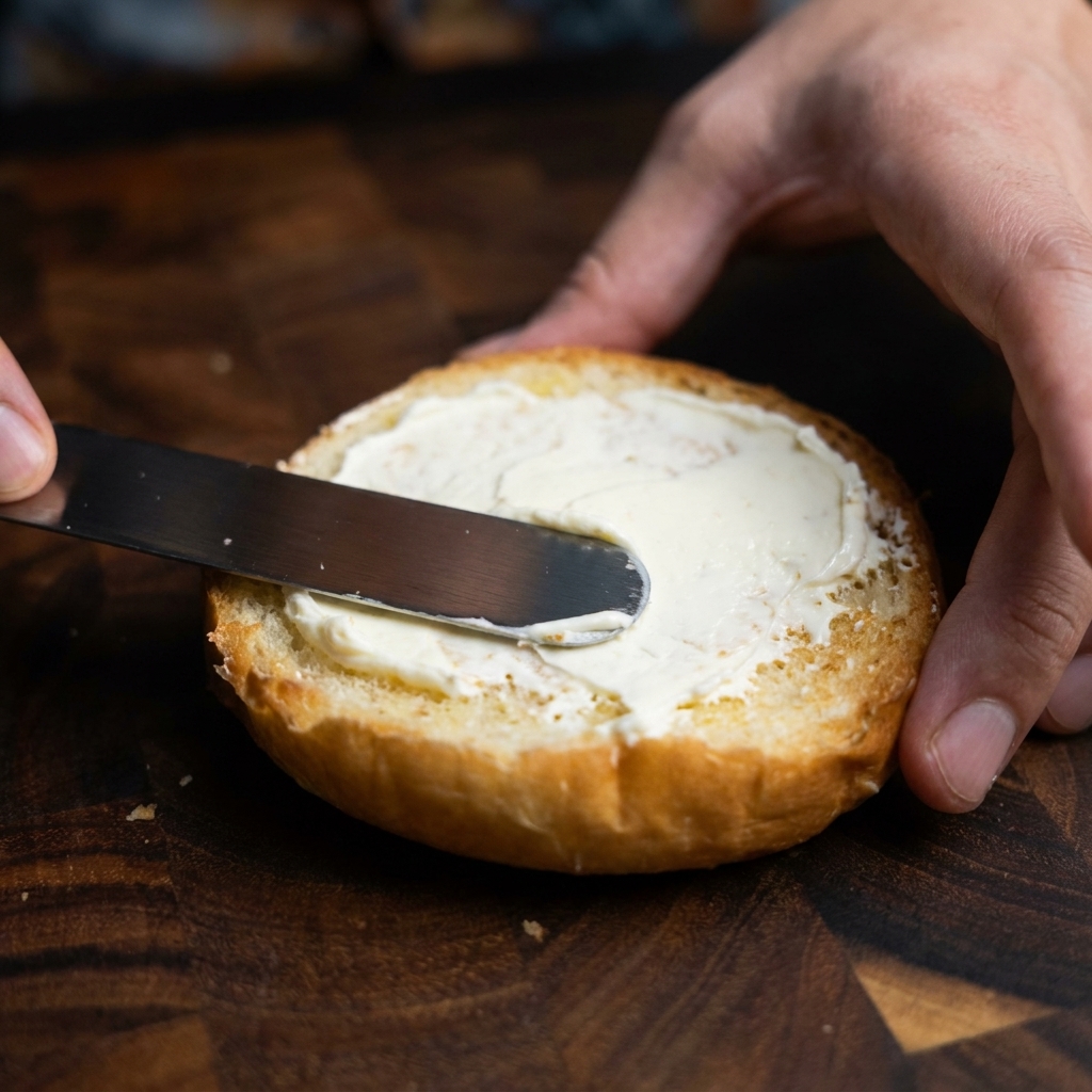 Un couteau étalant une couche épaisse de sauce crémeuse au jaune dœuf sur la surface toastée dun pain.