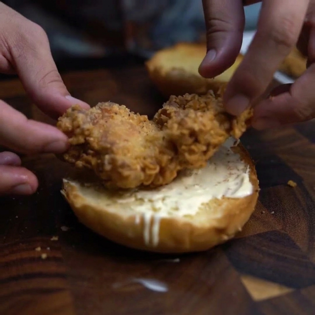 Poulet frit croustillant placé sur la base du pain, avec une tranche de fromage jaune par-dessus.