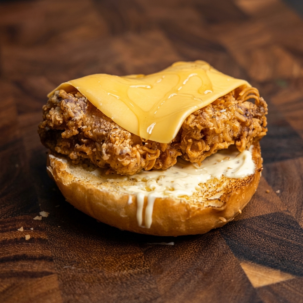 Gros plan dune tranche de fromage fondant sur du poulet frit croustillant sous la flamme dun chalumeau de cuisine.