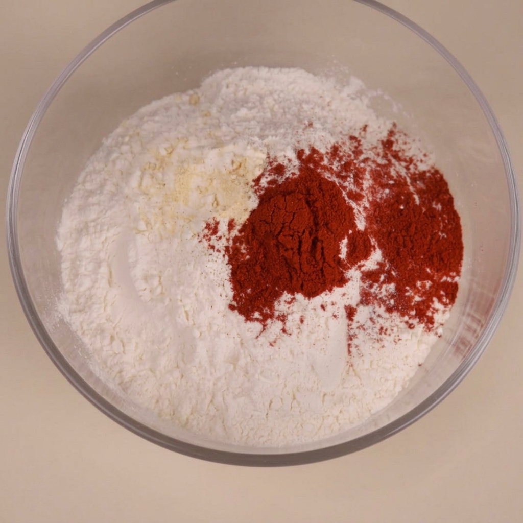 De la farine mélangée à des épices dans un bol en verre, prête pour paner le poulet.
