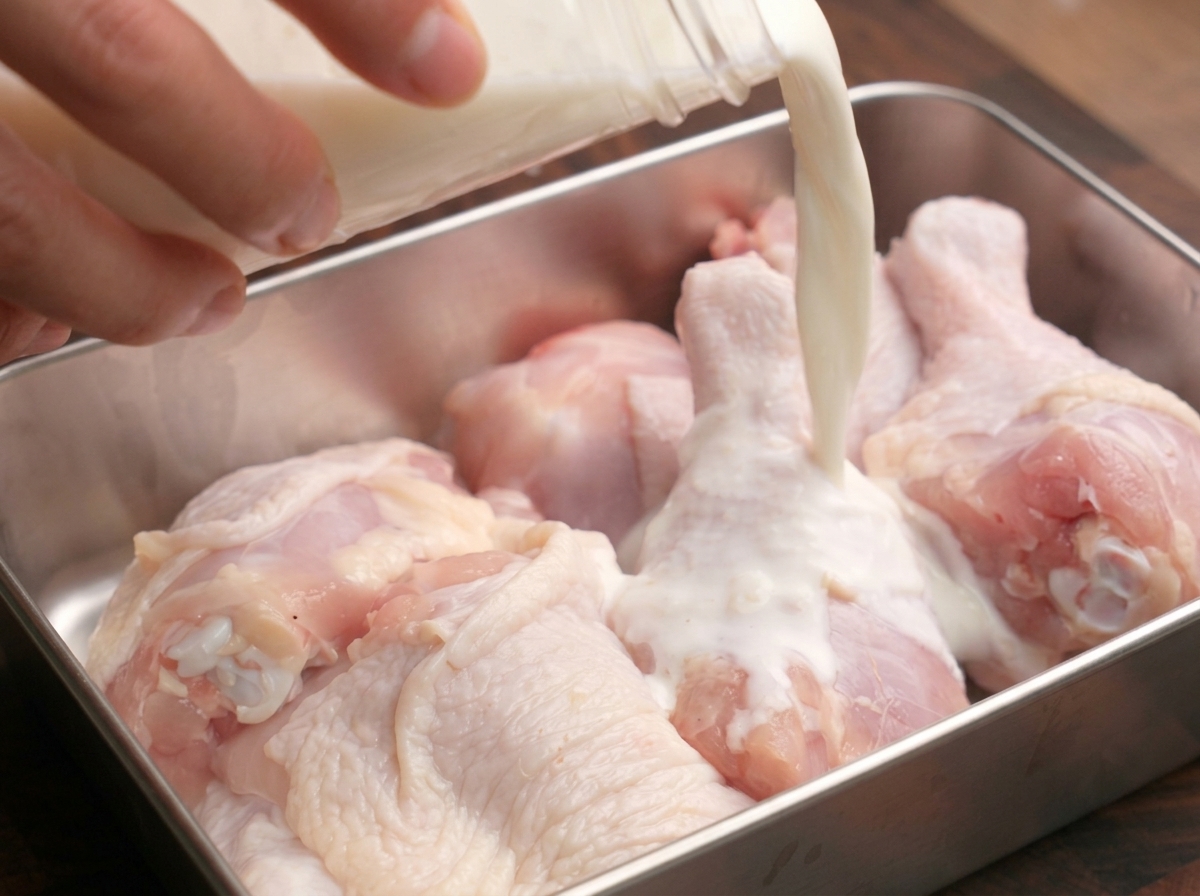 Verser le mélange de lait et citron sur des cuisses de poulet crues dans un plat en métal.