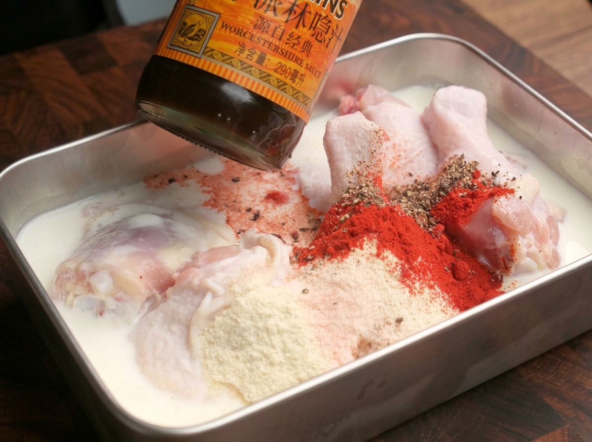 Ajout de gouttes de sauce Worcestershire sombre sur des cuisses de poulet marinant dans un mélange épicé.