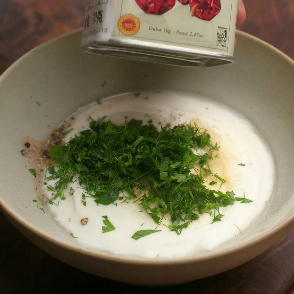 Saupoudrage de paprika fumé sur du persil et de laneth frais déposés sur une base de yaourt crémeux.