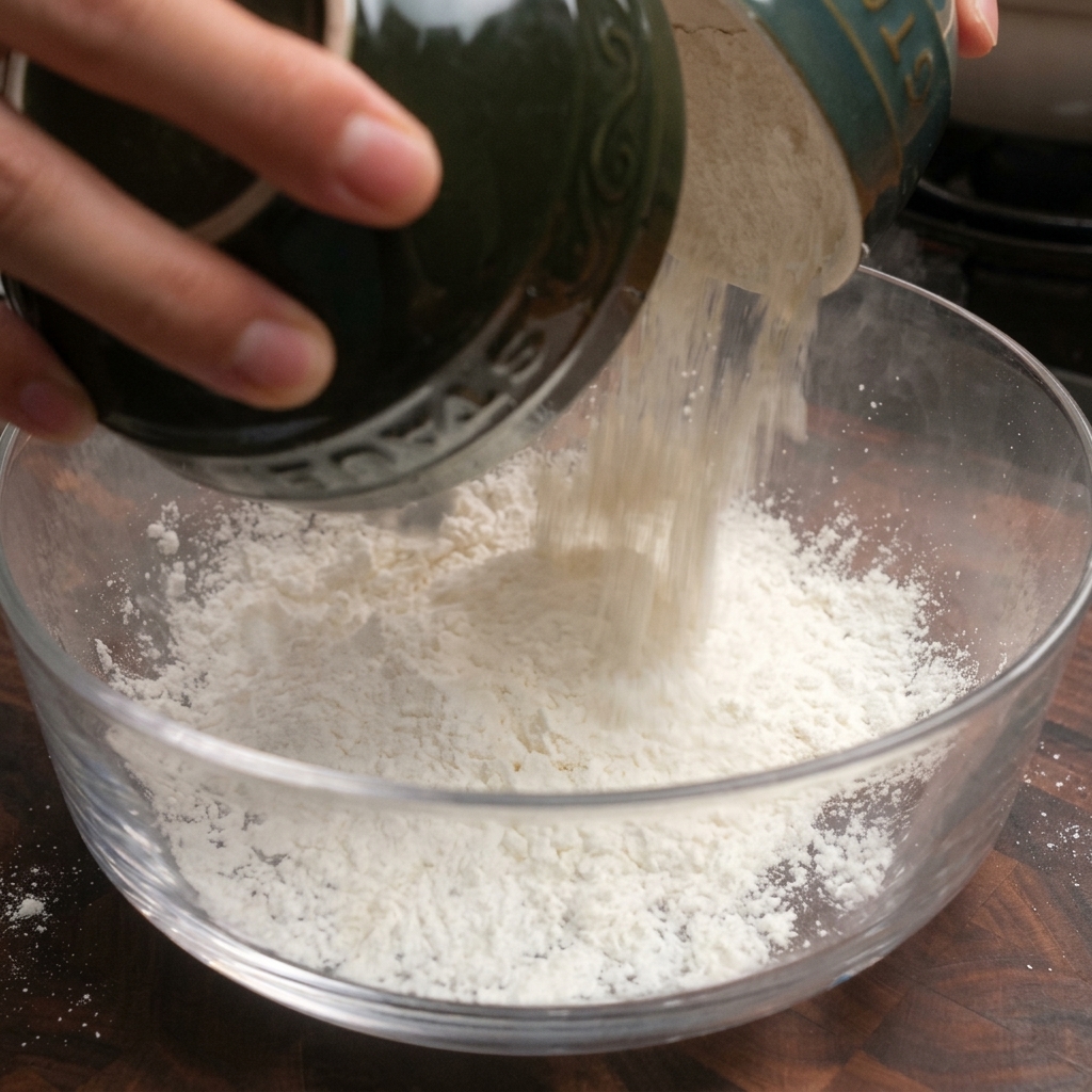 Vue rapprochée de farine, fécule de maïs et bicarbonate de soude mélangés dans un bol en verre.